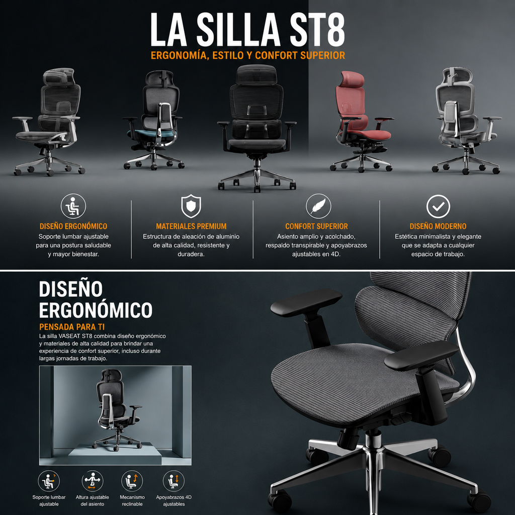 💺 Vaseat Executive Director™ | Silla Ergonómica Ejecutiva con Reposapiés y Soporte Lumbar Inteligente